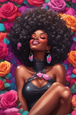 A sassy pop punk futurism art cartoon of a black female lounging lazily on her side, surrounded by colorful roses flower petals. Looking up coyly, she grins widely, showing teeth. Highly detailed black afro , regal expression.