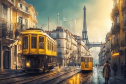 Lisbon city view in fantasy cyberpunk style with famous yellow tram, one eiffel tower in background