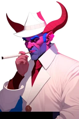 An old male red tiefling wearing a white and blue police comisioner outfit smoking a cig.