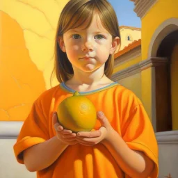 Neoclassicism child holding an orange painting yellow realistic cote d'azur