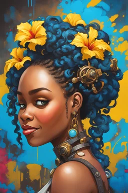 create a graffiti steampunk painting art style image with exaggerated features, 8k. cartoon image of a curvy CARRIBEAN female looking off to the side with a SMILE, large thick tightly curly asymmetrical sister locs in a messy bun. Very beautiful. BRIGHT BLUE and YELLOW hibiscus flowers