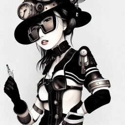 japanese illustrator, spanish, pencil sketch of a cute girl, beautiful, steampunk syle, black and white. Helmet with tubes, square glasses and wires on the legs.