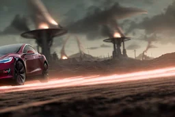 A Tesla 'Model Y' is going at a high speed, during the battle of "The War of the Worlds" (of H.G. Wells). (CINEMATIC, WIDE ANGLE LENS, PHOTO REAL)