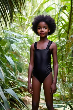 young natural black teen girl in the jungle playing with dad in swimsuit. in a bed