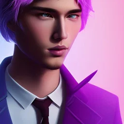 man, cute face, white highlight hair, brown eye, white, skin, purple suits, futuristic, science, purple, blue, dark pink background lighting, technology, profile, asian boy, square face, orange backlight