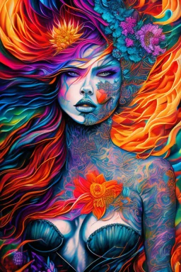 Generate a captivating digital artwork where a vivid explosion of images on a canvas bursts forth, weaving together elements of a woman, demons, tattoos, flowers, and stormy hues. Capture the essence of dynamic creativity in this abstract masterpiece."