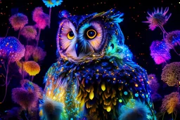 flowergarden, bodyscape double exposure owl portrait of a colorful intricated flowergarden, forest and colorful stars of sparks on the front of an insanely beautiful fluffy owl body with colorful fur of fluorescent light emitting fiber optics, standing in a dark place, playing with the fur, fluorescent pigment body painting style by John Poppleton and Bob Ross, diffused lighting, double exposure, blend, illusion, octane render, digital painting, extremely detailed, Award winning photography, 8k,