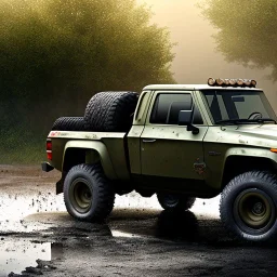 hyperrealistic shot, muddy military pickup truck with guns mounted on back, monotone color palette, sharp focus, puddle reflection, tire water splash, refraction, mist on the horizon, shadowcast, god rays, detailed and intricate, cinematic composition, micro, tilt shift photography