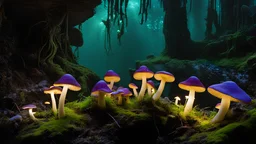 Glowing mushrooms, stalactites, stalagmites, underground lake, bats, silence, murmuring water, smell of dampness, moss, style: fantasy, lighting: bioluminescent, colors: green, blue, purple, camera: 105mm, perspective: third person, detail: high, focus: on the glowing mushroom