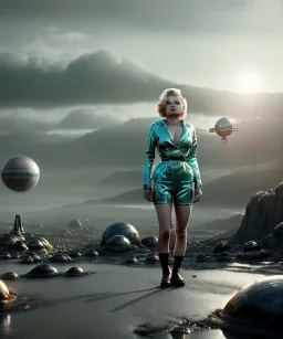 Ultra Realistic retro sci-fi 1960 scene, waist up view portrait, blonde woman, sweet young Marilyn Monroe face, perfect iris, tight latex coat, alien planet background, tight style, steel sphere dron levitating, fog, rain, soft color, highly detailed, unreal engine 5, ray tracing, RTX, lumen lighting, ultra detail, volumetric lighting, 3d, finely drawn, high definition, high resolution.