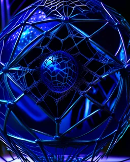 AN OBLIQUE DISTORTED view of CLOSE UP view of a cobalt blue crystal SPHERE WITH FACETS of different angle facets WITH DIFFERENT COLORS over a shining metal mesh, inside a gigantic spider web, againste a black backgound in almost total darkness