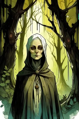 create a fine art print illustration of an aged, emaciated 13th century female nun clothed in an ornate but ragged bliaud with highly detailed feminine facial features, surrounded by ancient oak trees, in the old city of Krakow, shrouded in a fetid mist at midnight , in the comic book art style of Bill Sienkiewicz, and Jean Giraud Moebius, finely textured, drawn, colored, and inked