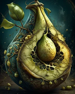 Grunge, woman as a decaying dried out Pear intricately showing its internal structure and seeds, cyberpunk, ultra unique natural textures, slight imperfections, vray.