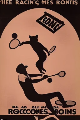 old man in 1928 poster advertising racoon tennis, raccons flying in air between tennis rackets while humans::4 use them as a tennis ball