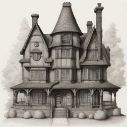 A detailed ink illustration of a front elevation of a fantasy house, with a tall chimney, rooms and floors added to the sides and roofs.