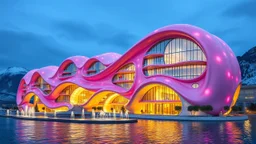 Enormous comical organic futuristic fantasy building at night, inspired by the fluidity of ocean waves: undulating, curved pink and yellow walls made of shimmering, innovative semi-transparent opalescent materials. The happy building has large, curved, intriguing rounded windows, iridescent curved balconies and suspended walkways. The building is surrounded by water and fountains. Snow-capped mountains on the horizon. Award-winning photograph, beautiful composition, joyful vibe, wonderful