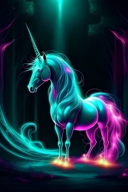 Unicorn with neon glow in the middle of a dark fantasy world, mysterious aura of details