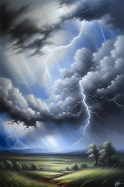 Oil painting, storm clouds from which drops are dripping, clouds pierced by lightning, lightning strikes a rod and clouds are playing