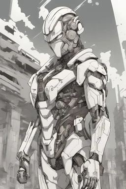 modern anime/realistic drawing style; a humanoid cyborg, half falcon/human, with a mechanical style body and futuristic guns in a dynamic pose; the background is a city in ruins; teen/adult coloring pages, in black and white;crisp lines