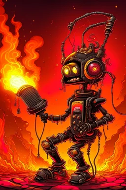 Firestarter animateur radio hardrock with a microphone. Seems angry against robots. Flames all around