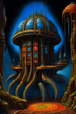 A dark fantasy painting of a machine encased in stone 10,000 years in the future in a palace,dark fantasy art or sci-fi, 1970s dark fantasy book cover art 70s dark fantasy art, bold colours