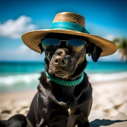 perro negro con lentes de sol y gorra en una playa del caribe como caricatura