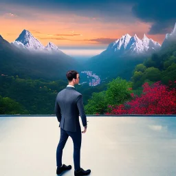 A man with his hands in his pocket is walking and it is raining. The beautiful view of the mountain is visible in the distance and the city is in front of the man, colorful, beautiful, high detail, high quality.