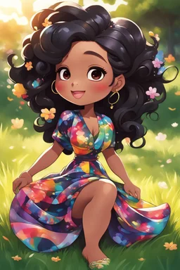 An abstract art image of a chibi black cartoon of a curvaceous woman with flowing black hair twisted up, wearing a colorful maxi dress. She sits relaxed on the grass facing the warm sunlight, which illuminates her face as she looks to the side with a small smile, accentuating her prominent makeup and brown eyes.