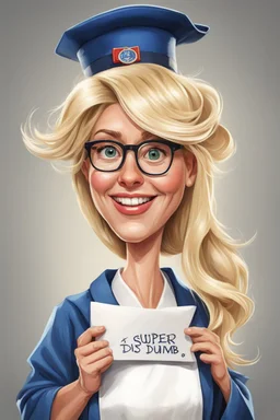 Een dom blondje die haar dokterdiploma heeft gekregen dankzij CHATGPT. superdom, karikatuur, draagt diplomahoedje. Haar outfit is roos, je ziet enkel gezicht, superkarikatuuraal en dom, ROOS