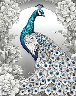 blank coloring book style Image of peacock, line art style with florals highly detailed, very intricate, full body portrait.