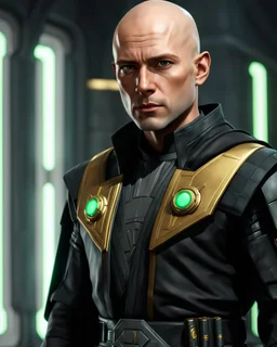 star wars bald male corellian jedi pilot wearing black and gunmetal grey old republic armored robes with gold trim inside the jedi temple holding a lightsaber with viridian green blade in left hand, centered head and shoulders portrait, hyperdetailed, dynamic lighting, hyperdetailed background, 8k resolution, volumetric lighting, light skin, fully symmetric details