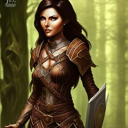 dungeons and dragons, female wood elf, druid, brown hair, brown eyes, full body, realistic face, short hair, large nose, closed mouth, leather armor, dark skin, one person