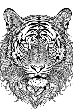 realistic tiger head tattoo idea, line art, background, vector, svg, black outline on white background, leave plenty of white space beetween lines for coloring, tattoo style, tattoo idea,full body, minimalist