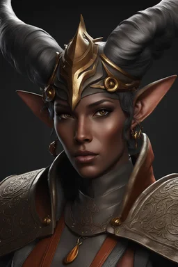 dnd character art of a tiefling cleric. high resolution cgi, contoured ram horns, small ears, unreal engine 6, high detail, intricate, cinematic.