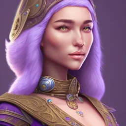 D&D character, female, druid, nature, tan skin, purple galaxy coat, bust, brunette