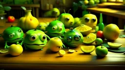 Surreal scene where a collection of green and yellow apples, some cut in half, some transformed into faces and others into amphibians, placed on a table, Nearby, a lemon and a lime add a touch of color to the scene and are also metamorphose