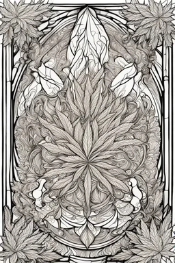 outline art for stoners coloring pages with A stained glass style design featuring swirling smoke patterns and intricate cannabis leaf details., white background, sketch style, fully body, only use outline, mandala style, clean line art, white background, no shadows and clear and well outlined