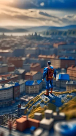 drone shot of superman over Nidelven in Trondheim, shot on Hasselblad h6d-400c, zeiss prime lens, bokeh like f/0.8, tilt-shift lens 8k, high detail, smooth render, down-light, unreal engine, prize winning