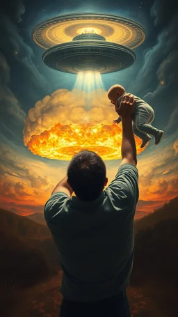 Bosch painting style nightmare, a man screaming holding a baby up toward a ufo spaceship, in the background a nuclear explosion in the rear view , dramatic sad scene, fantasy, scary.