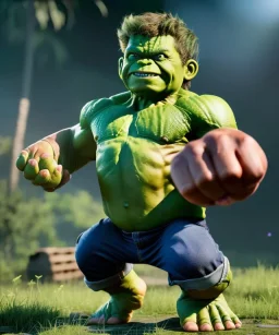 Hulk toddler, full body, dramatic lighting, smile, hyper realistic