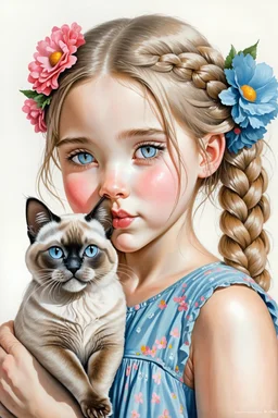 beautiful little girl making a kissing face, hair in messy braids with flowers, with a Siamese cat kissing her cheek, very amber eyes, white background, soft lighting, high detail, hyperrealistic, charcoal drawing, art in the style of Lilia Alvarado, Artgerm, and Greg Rutkowski.