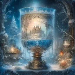 Double exposure image. A beautiful winter landscape with a glittering fairytale palace placed in an elegant glass goblet with a ((sparkling rim)):: glow, trees in hoarfrost, sparkles, frosty patterns. The texture of the glass is well rendered. Exquisite rocaille and fantasy surrealism. Decorative excesses. Josephine Wall. Fragonard and Antoine Watteau. Sabbas Aptheros, Alfonso Mucha, Carole Buck, Andrew Jones, Gustav Klimt. High detail. High contrast. Harmony of the cold tones of winter. High qu