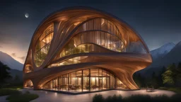 inspiring interwoven wooden ultra-modern slender building based on lightweight parabola shapes, sine curves and helix shapes, featuring large windows, rural location, night, moonlight, fireflies, distant mountains, lake, astonishing architecture, beautiful, wow, extremely detailed, photographic quality, beautiful composition, Ultra Realism, Complex intricate Details, 16k, HDR, High Quality, Sharp Focus, Studio Photo, attractive, innovative