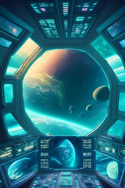 view from inside a huge spaceship with 3 aliens controling complex buttons and screens. Many windows in front showing the planet earth.