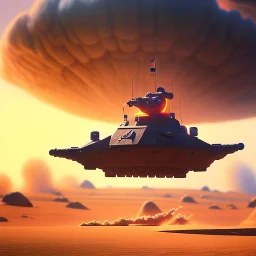 octane render volumetric desert environment, Ralph McQuarrie style painting of an armored hovercraft with cannon, floating in the air, highly detailed, minutiae, clouds, storm, renderman, duststorm at sunrise