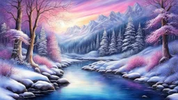 Pencil drawing fully colored, satin digital painting, Beautiful Winter River Scenery, Coquette Style, blue and shimmering light lila and Pink color settings, 3D png saved, soft clean and smooth aquarelle effect, highly detailed, hyper realistic, intricate detail, white background, Josephine Wall Style art