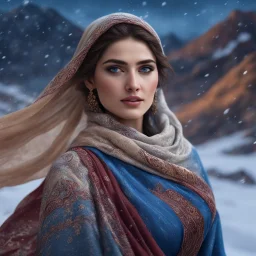 Hyper Realistic close-up-view of a Gorgeous-Young-Pashto-Women-with-beautiful-blue-eyes whirling wearing blue-grey-dress & beige-shawl-with-maroon-embroidery on mountains at snowfall night withy dramatic & cinematic ambiance