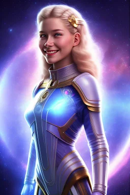 young cosmic woman smile, admiral from the future, one fine whole face, crystalline skin, expressive blue eyes,rainbow, smiling lips, very nice smile, costume pleiadian, Beautiful tall woman pleiadian Galactic commander, ship, perfect datailed golden galactic suit, high rank, long blond hair, hand whit five perfect detailed finger, amazing big blue eyes, smilling mouth, high drfinition lips, cosmic happiness, bright colors, blue, pink, gold, jewels, realist, purple hairs