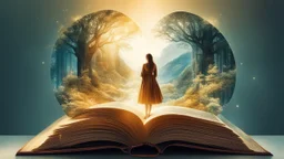 Hyperreal digital art style, "Fairytale", fantasy world coming out of centered book, open book, hyperdetailed double exposure fantasy illustration, masterpiece, cinematic, by Andreas Lie, Luke Gram, photorealism, backlit, gorgeous light