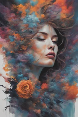 Generate a captivating digital artwork where a vivid explosion of images on a canvas bursts forth, weaving together elements of a woman, demons, tattoos, flowers, and stormy hues. Capture the essence of dynamic creativity in this abstract masterpiece."